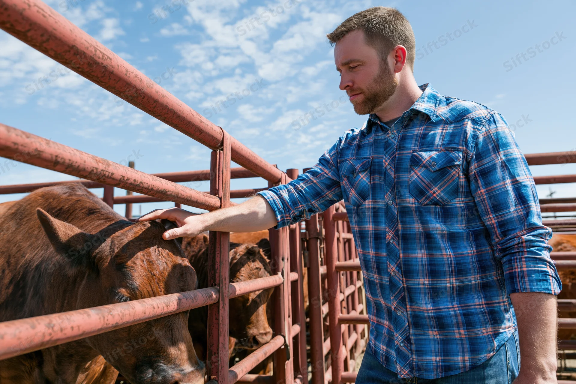 Man in blue plaid shirt petting cow through metal fence on ranch