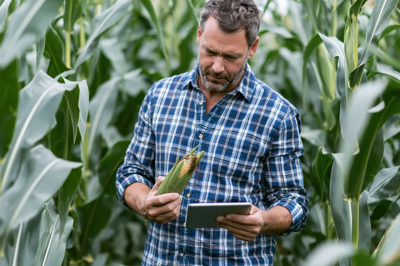 Man inspecting corn cob while using tablet in cornfield
