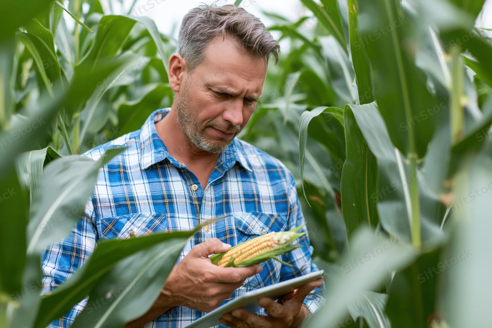 Middleaged man inspecting corn cob with tablet in cornfield