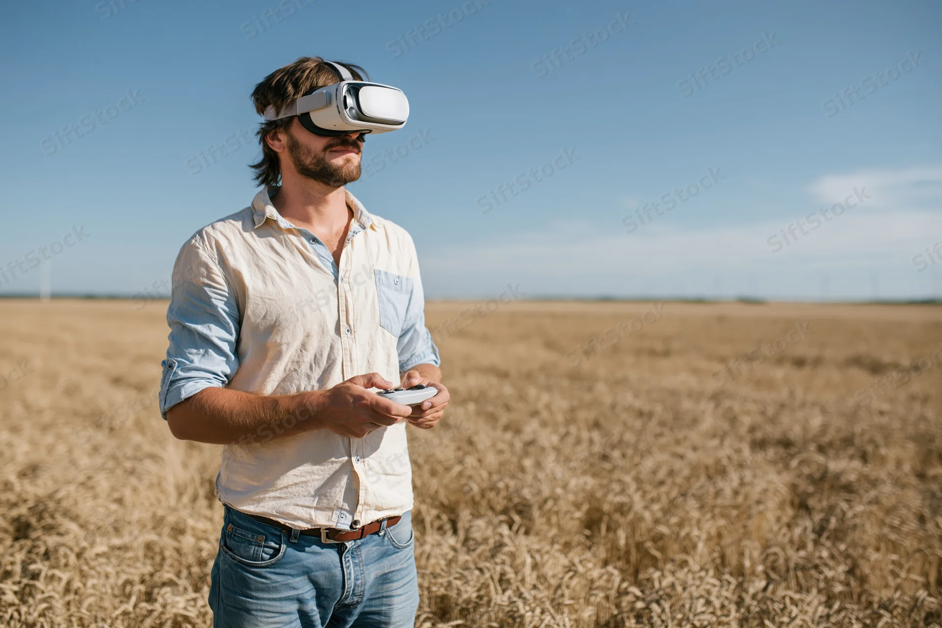 Man wearing vr headset and holding controller in wheat field