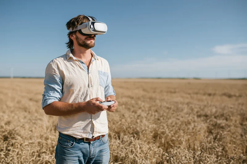 Man wearing vr headset and holding controller in wheat field