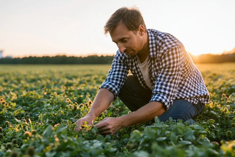 Man crouching in a sunflower field inspecting plants during sunset