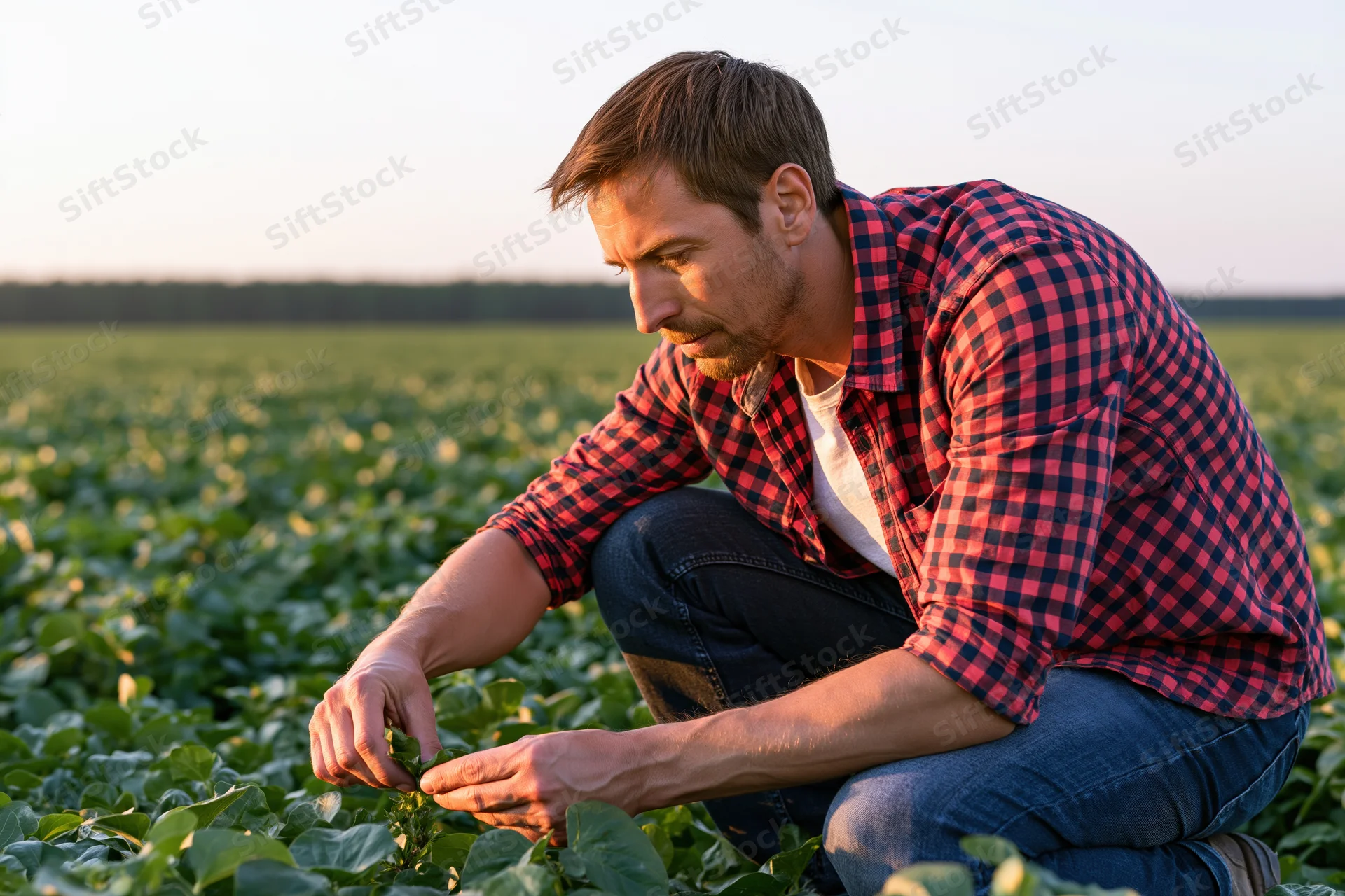 Man crouching in a soybean field inspecting plants