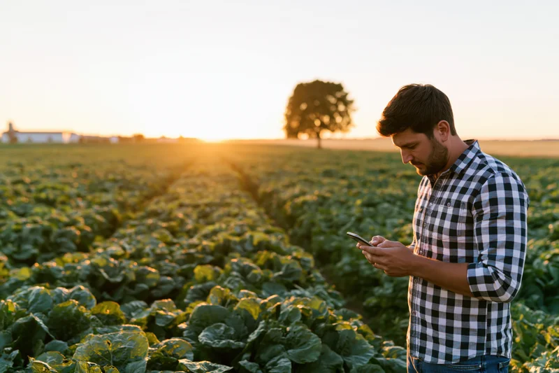 Man in checkered shirt using smartphone in cabbage field at sunset