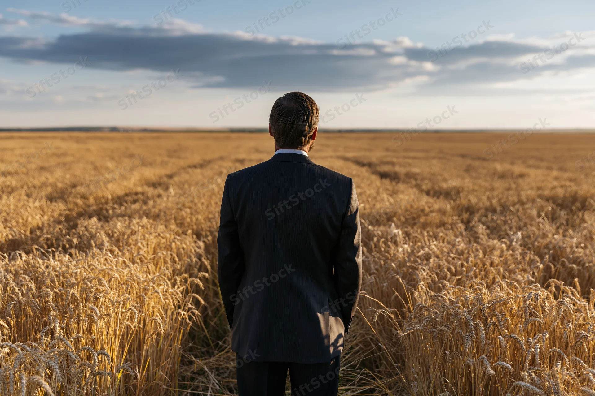 Man in suit standing in wheat field facing horizon