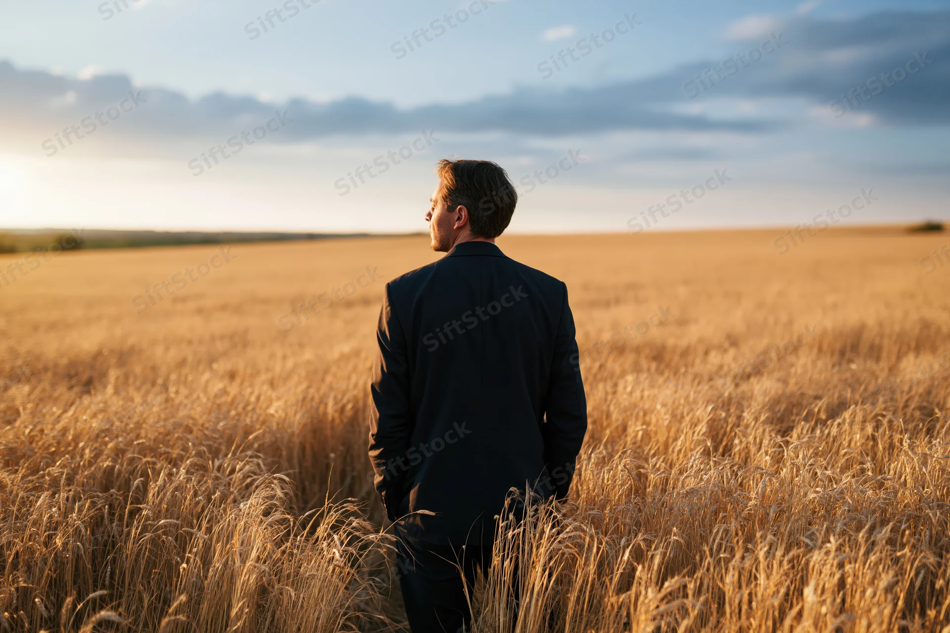 Man in dark suit standing in wheat field at sunset, back to camera, hands in pockets, looking toward horizon