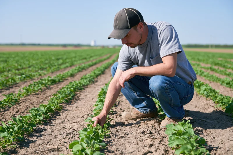 Man crouching in a soybean field inspecting young plants