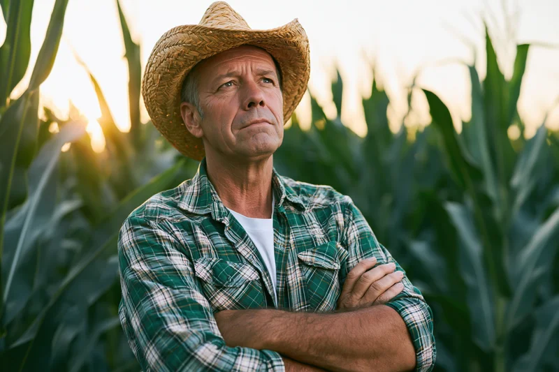 Mature man in cowboy hat with arms crossed standing in cornfield at sunset
