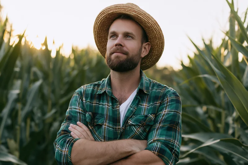 Farmer with arms crossed standing in a cornfield at sunset