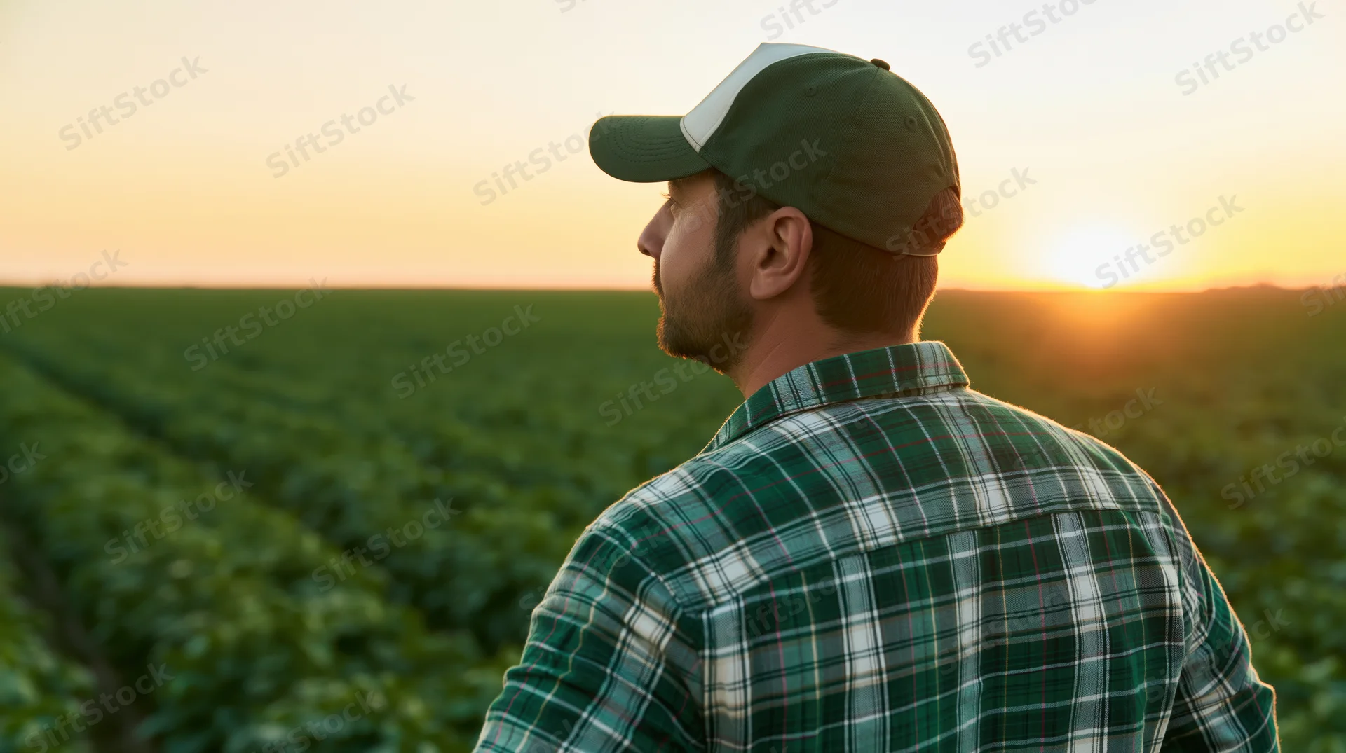 Man in plaid shirt and cap standing in a crop field at sunset