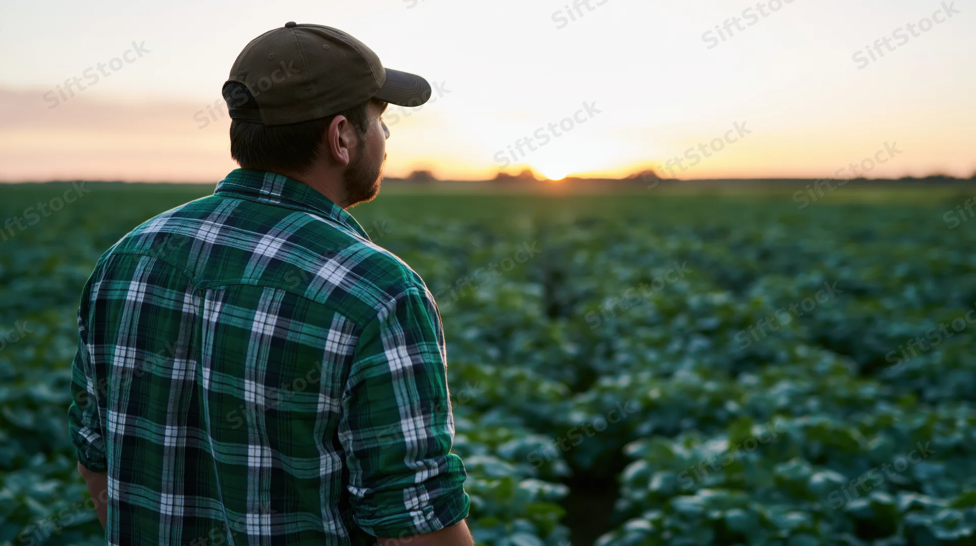 Man in plaid shirt and cap standing in cabbage field at sunset