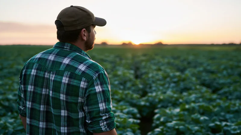 Man in plaid shirt and cap standing in cabbage field at sunset