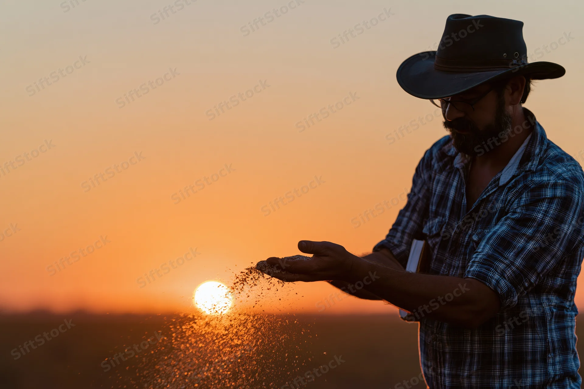 Farmer holding soil in hand against sunset in rural field