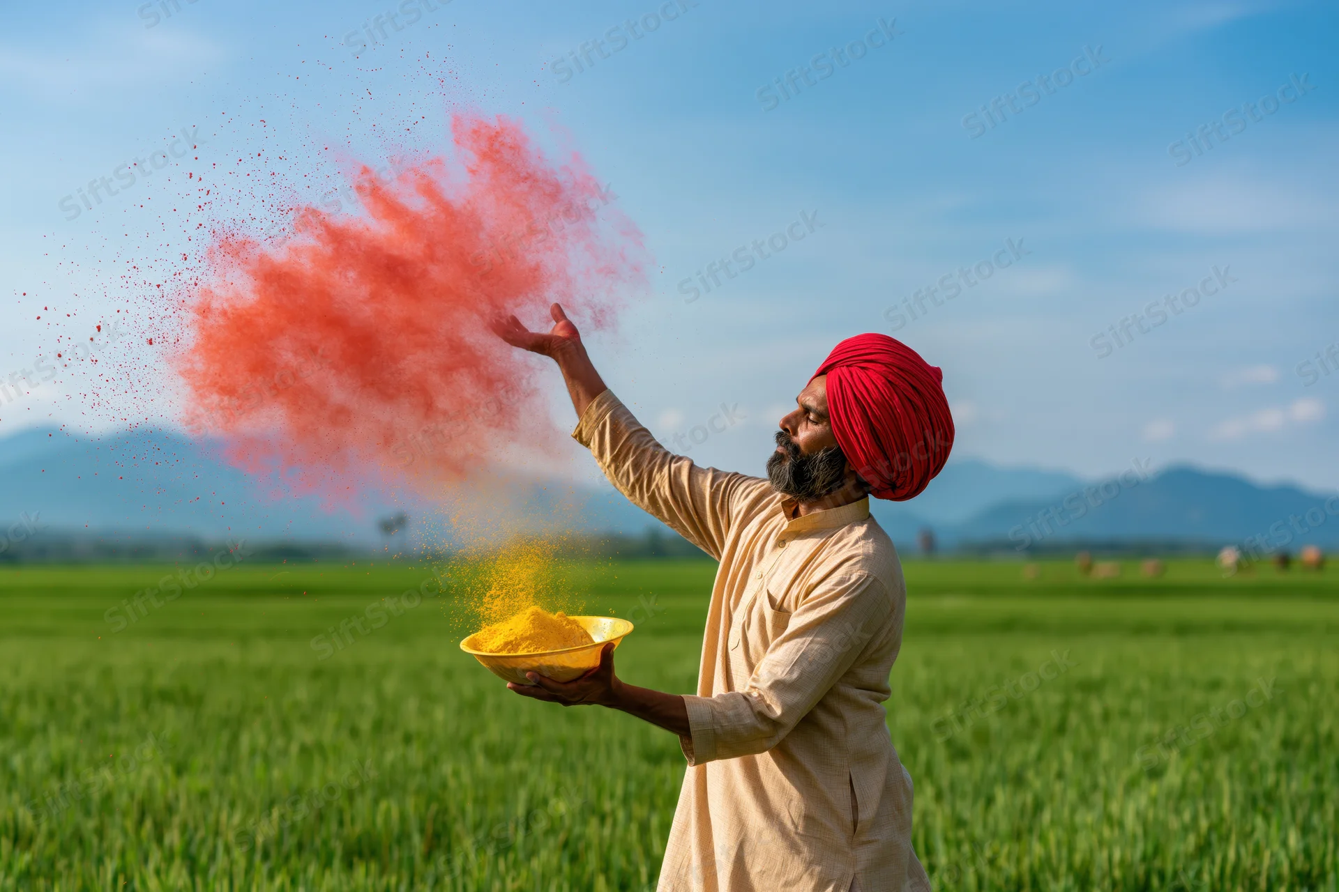 Man in red turban throwing colored powder in a green field