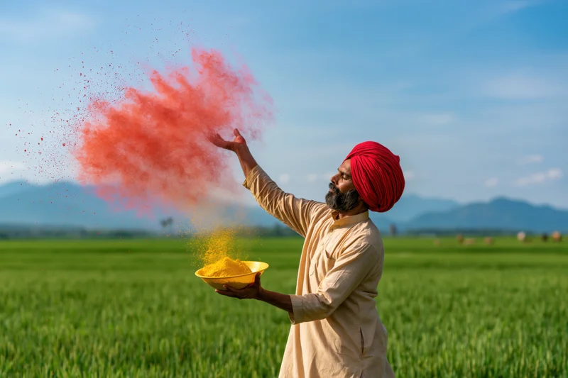 Man in red turban throwing colored powder in a green field
