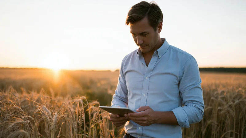 Man using tablet in wheat field at sunset