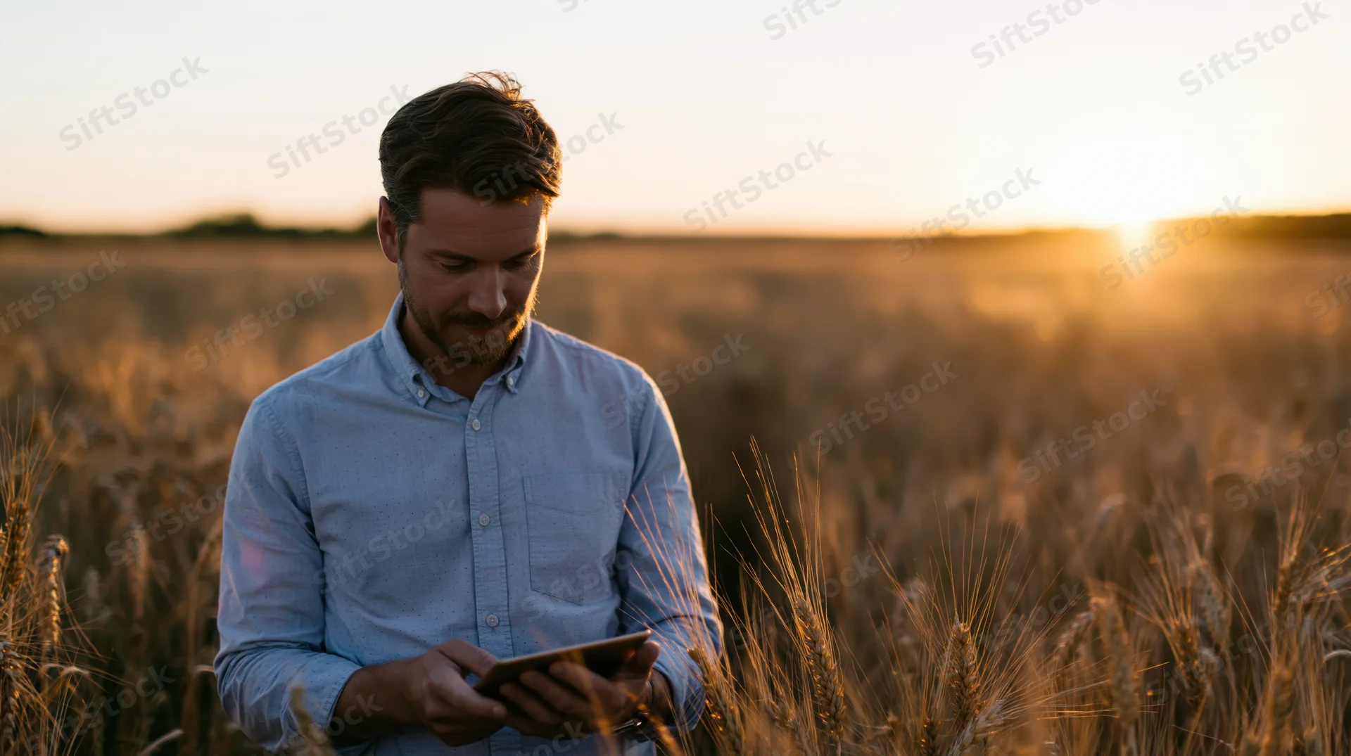 Man using tablet in wheat field at sunset