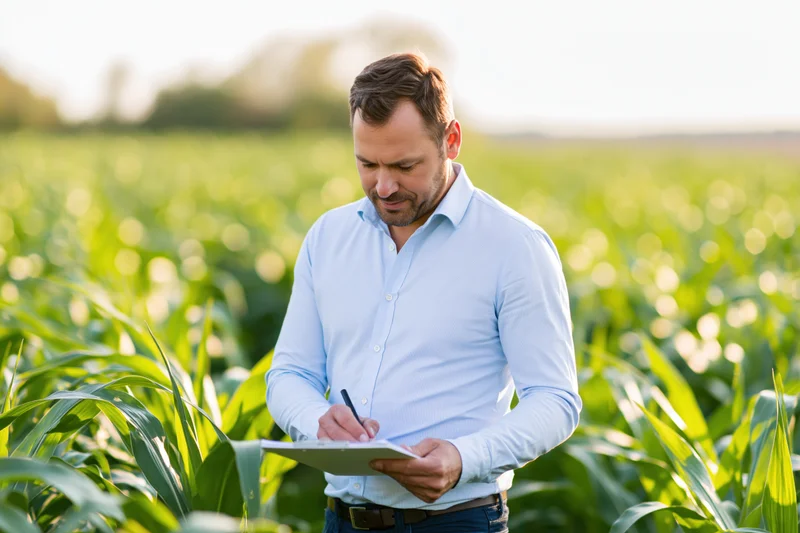 Man writing on clipboard in cornfield during daytime
