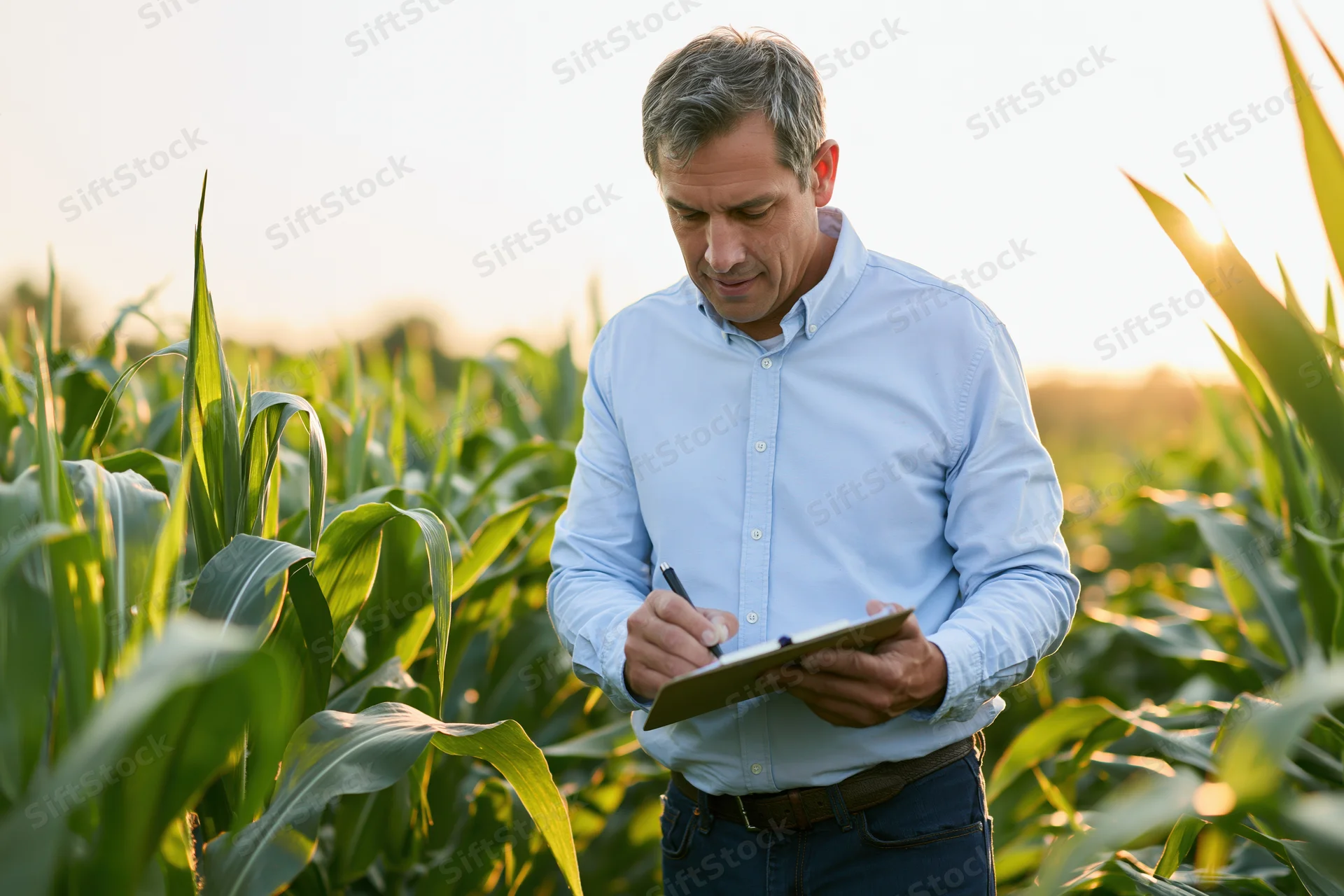 Man writing notes on clipboard in cornfield during golden hour
