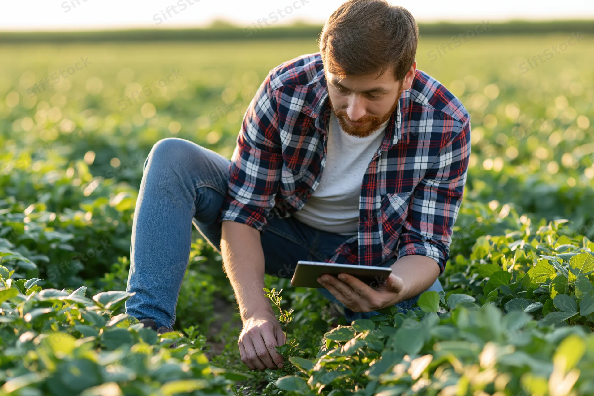 Man crouching in a field inspecting crops with a tablet