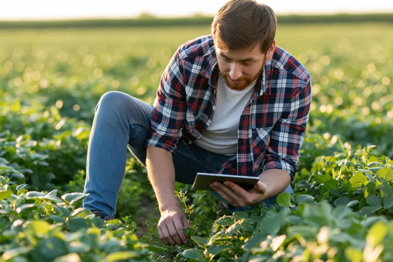 Man crouching in a field inspecting crops with a tablet