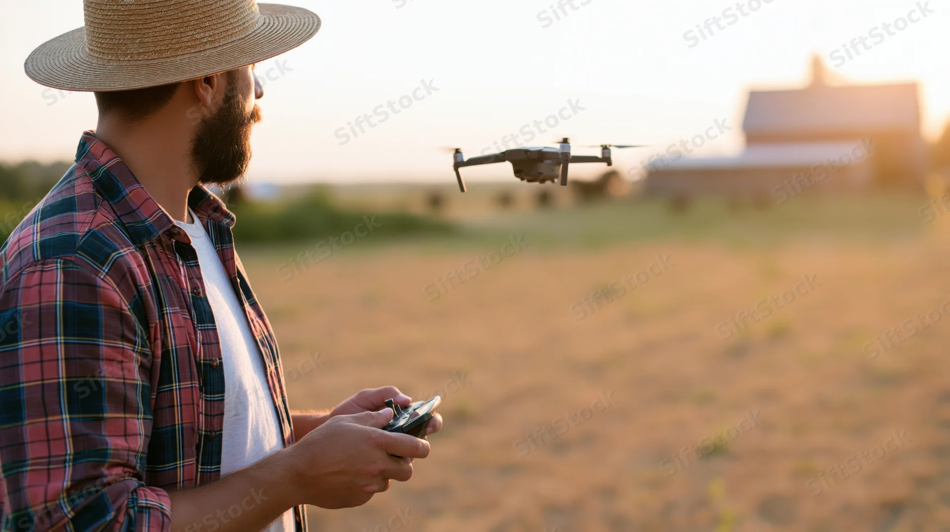 Man operating drone with remote control in rural field at sunset