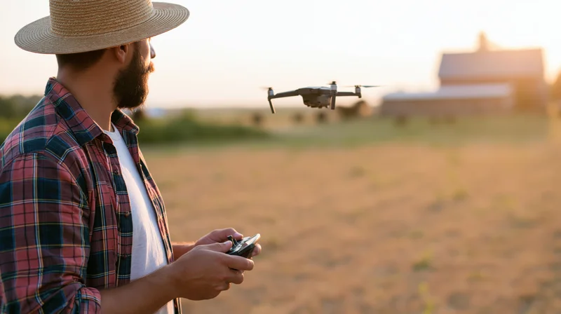 Man operating drone with remote control in rural field at sunset