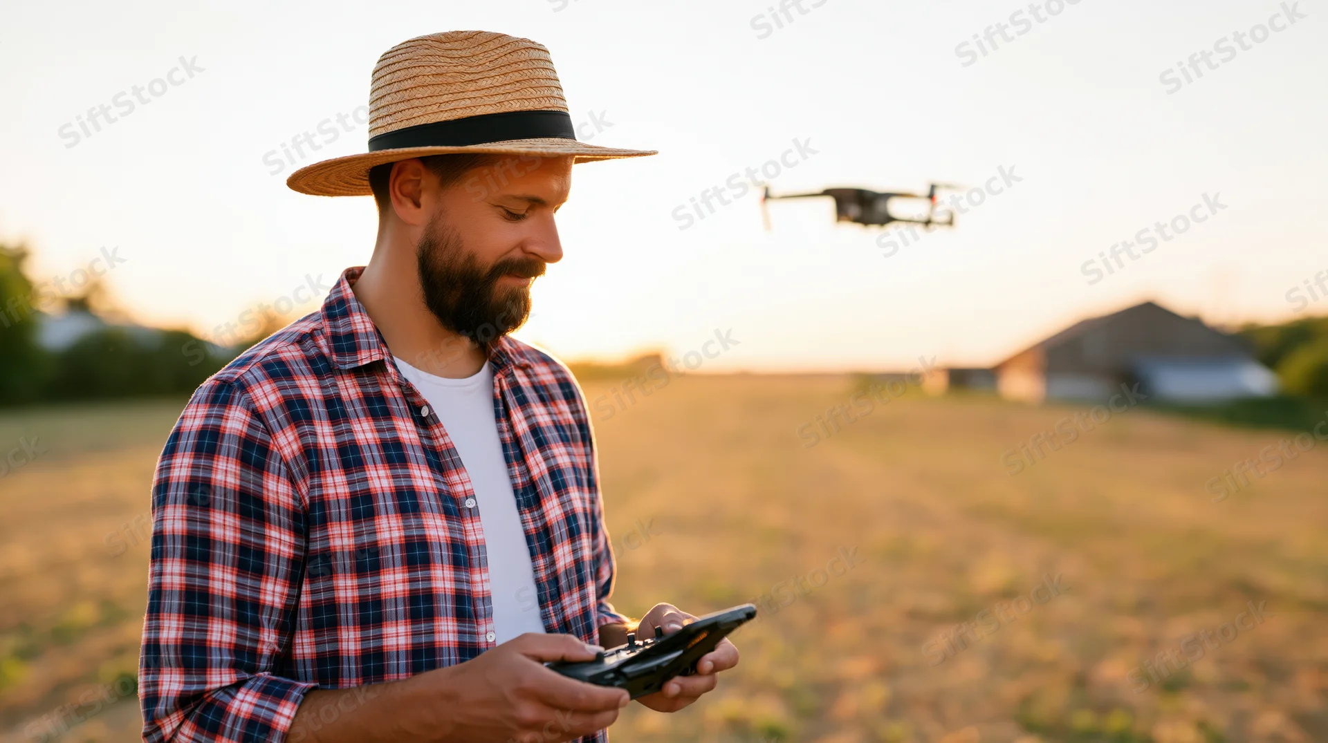 Man operating drone with remote in field at sunset