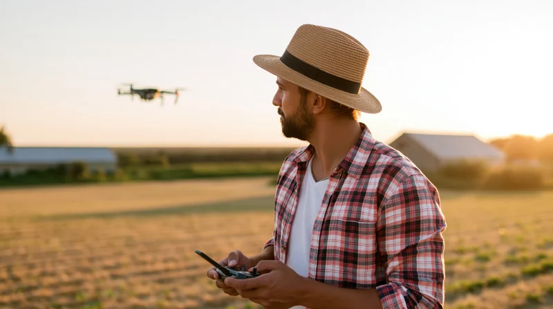 Man operating drone with remote control in a farm field at sunset
