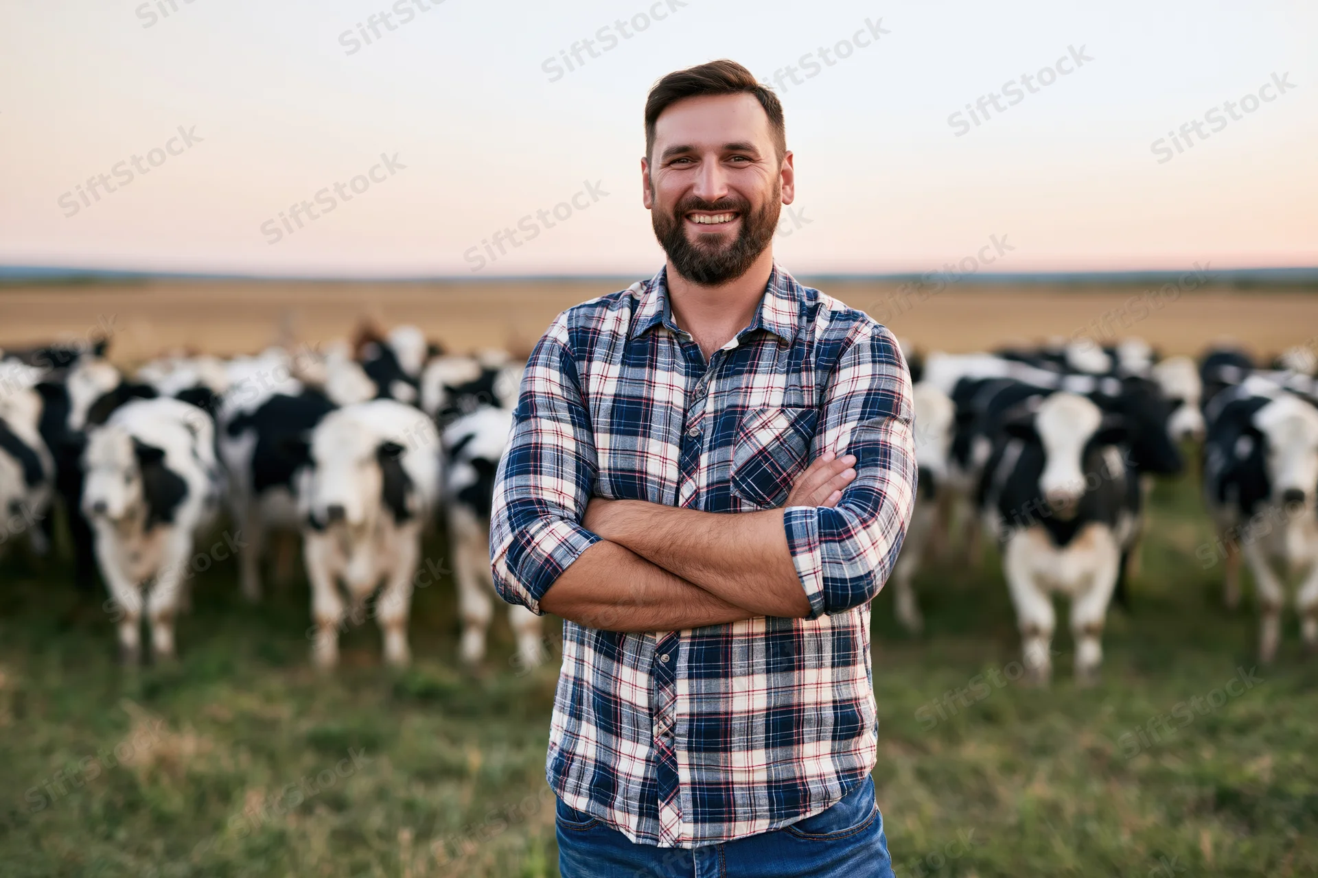 Smiling farmer with arms crossed standing in front of a herd of dairy cows in a grassy field at sunset