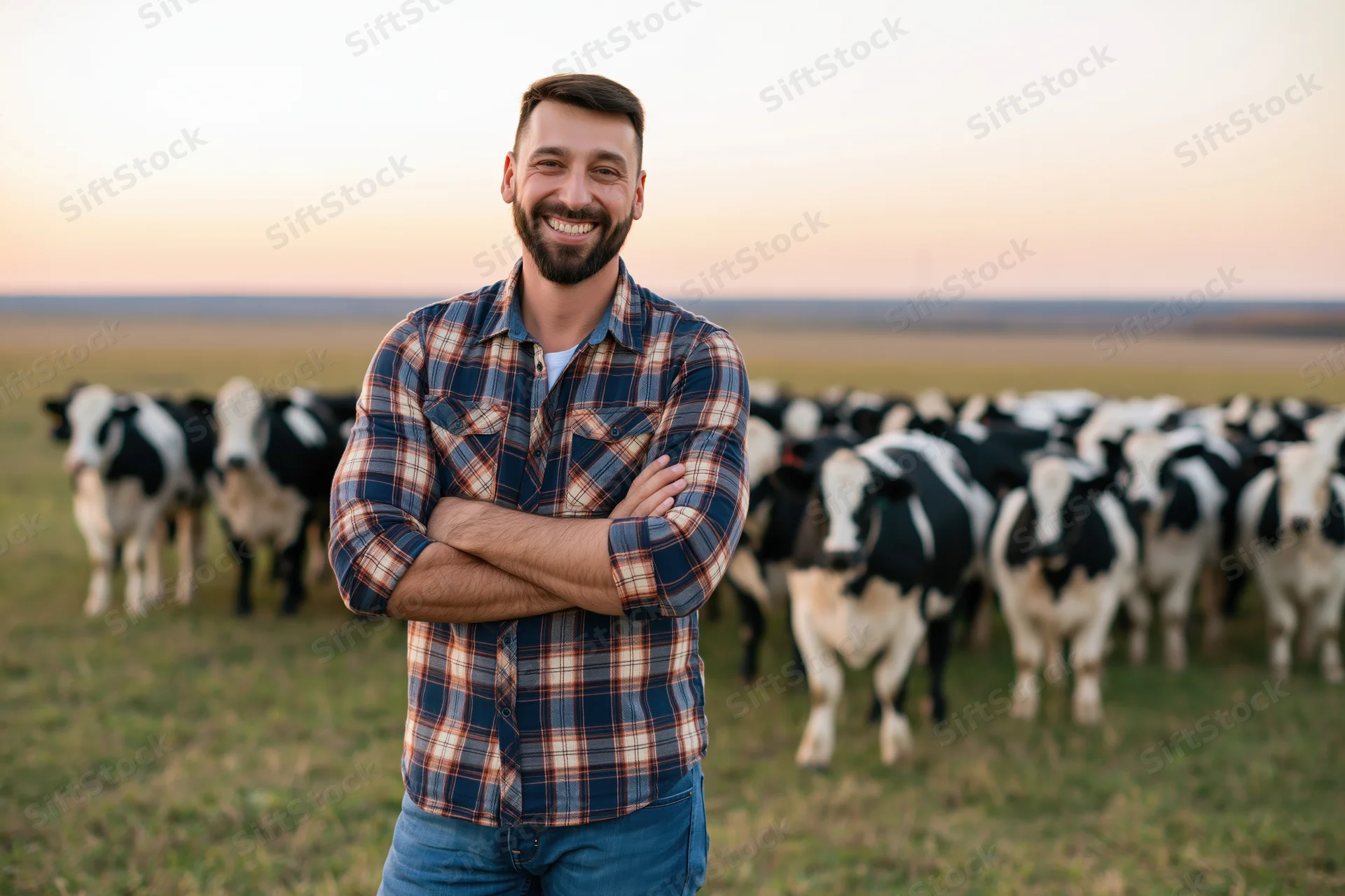 Smiling farmer with arms crossed standing in a field with a herd of holstein cows behind him at sunset