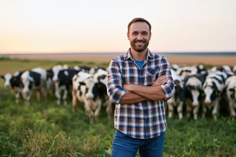 Man in plaid shirt standing with arms crossed in front of a herd of cows in a grassy field at sunset