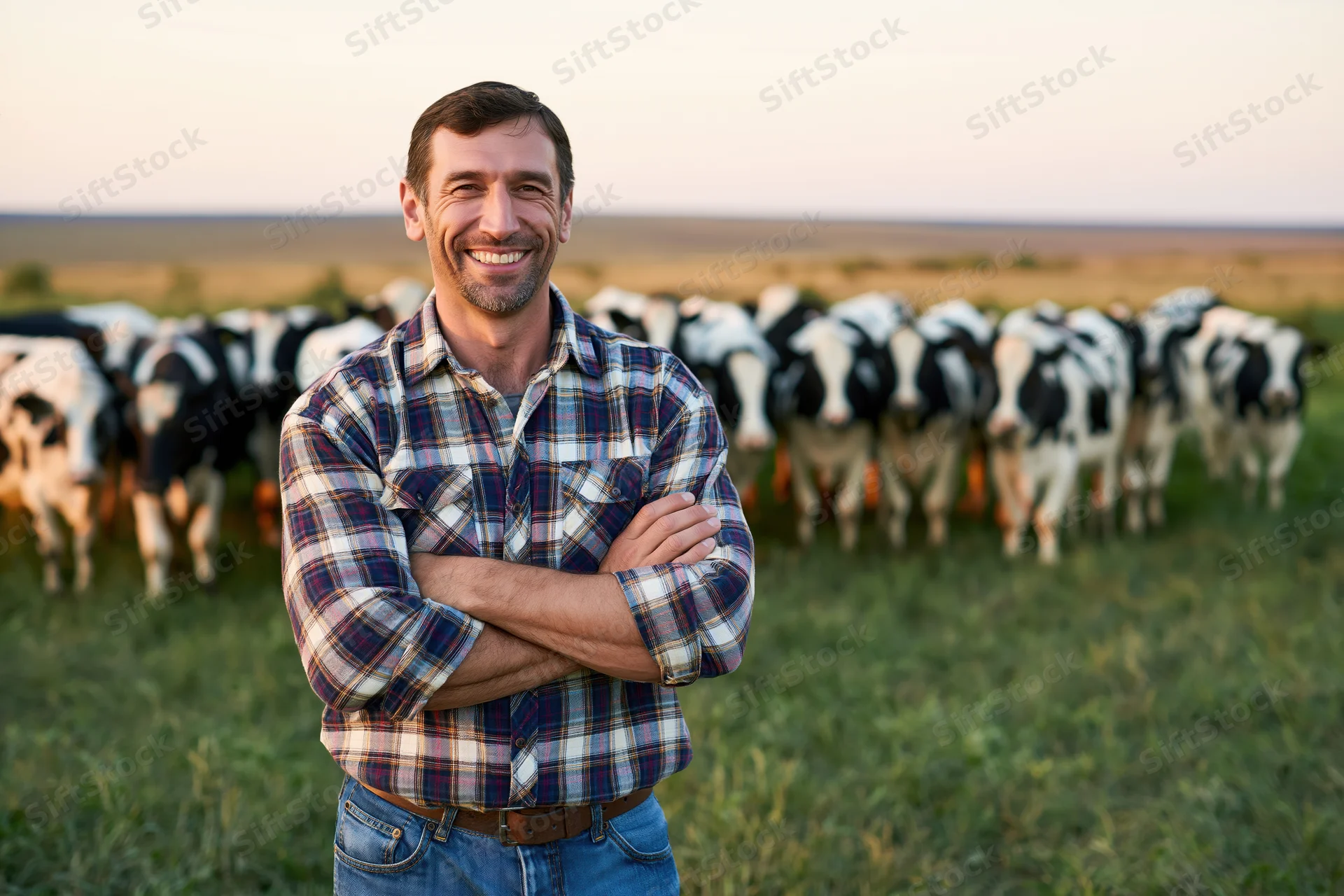 Smiling farmer with arms crossed standing in a pasture with a herd of holstein cows behind him
