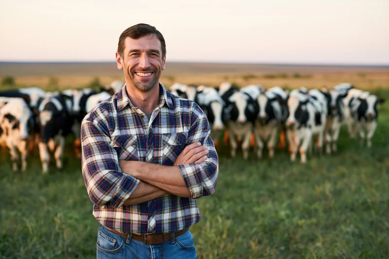 Smiling farmer with arms crossed standing in a pasture with a herd of holstein cows behind him