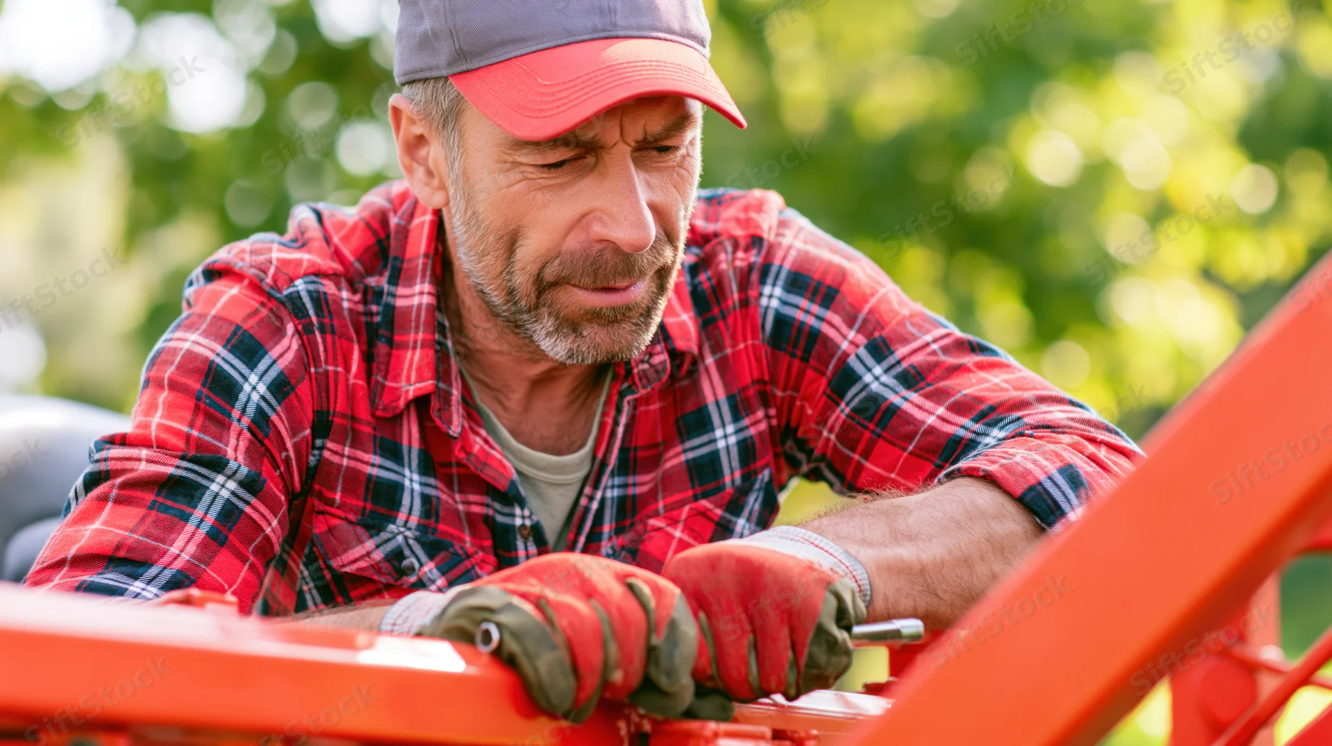 Man repairing orange machinery outdoors wearing plaid shirt and cap