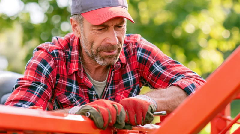 Man repairing orange machinery outdoors wearing plaid shirt and cap