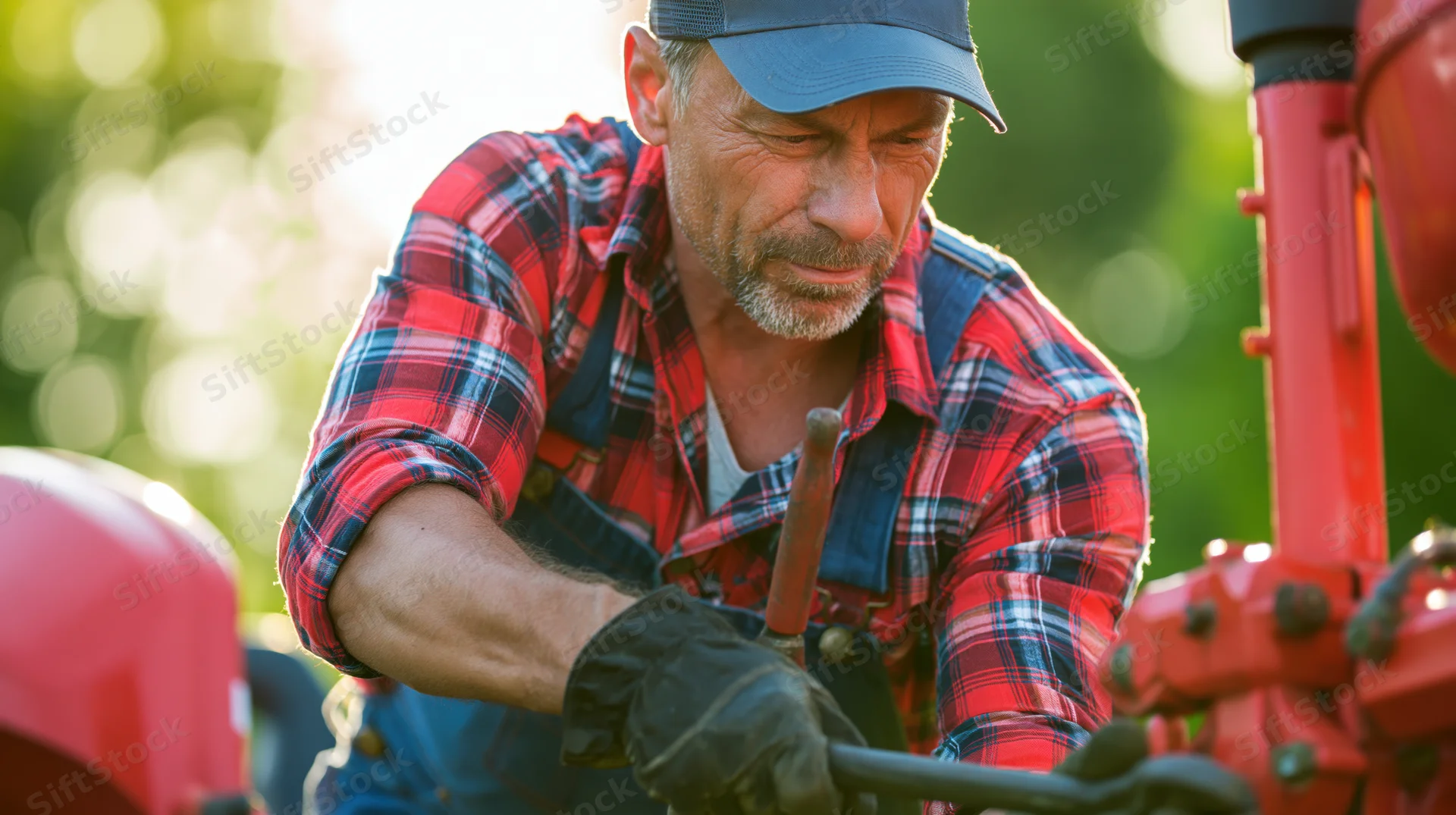 Man repairing tractor engine outdoors in rural setting