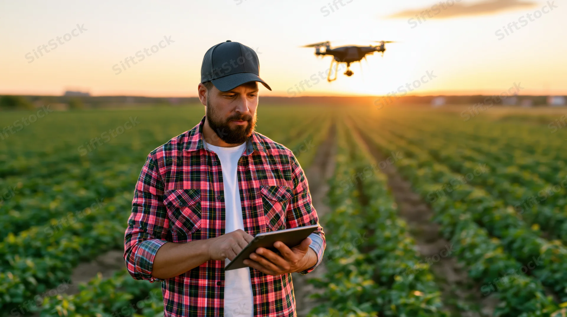 Farmer using tablet to control drone over crop field at sunset