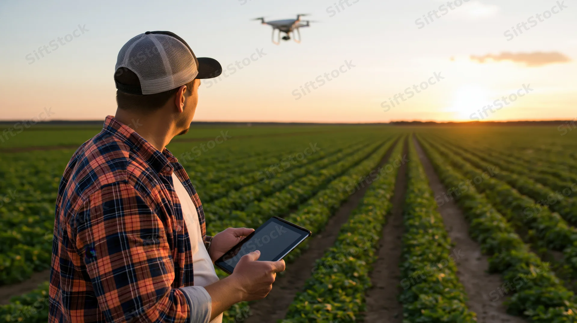 Farmer using tablet to control drone over crop field at sunset