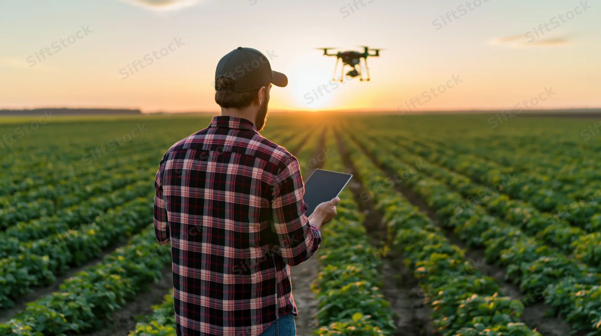Farmer using tablet to control drone over soybean field at sunset
