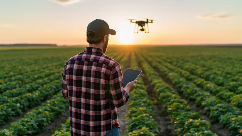 Farmer using tablet to control drone over soybean field at sunset