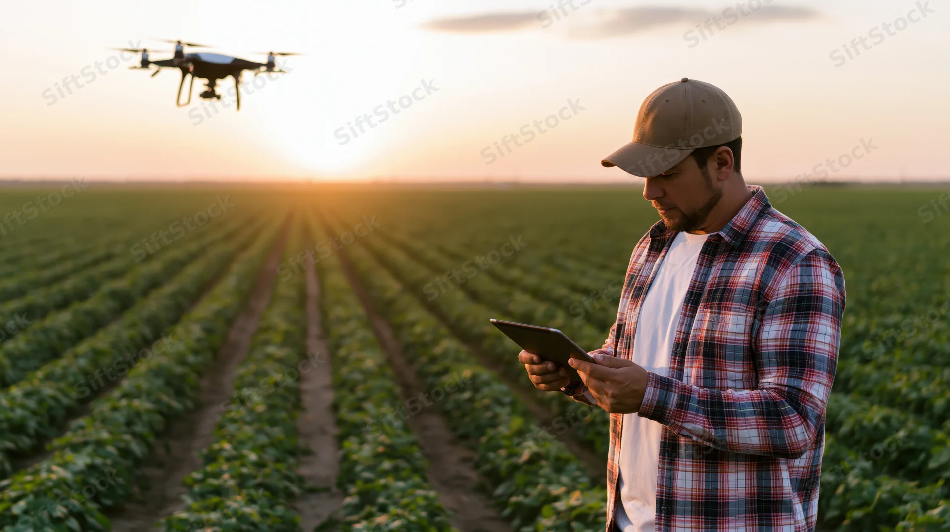 Farmer using tablet to control drone over crop field at sunset