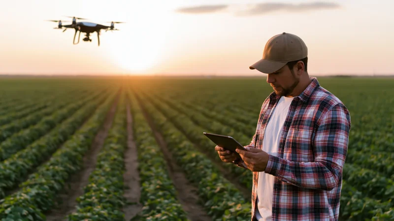Farmer using tablet to control drone over crop field at sunset