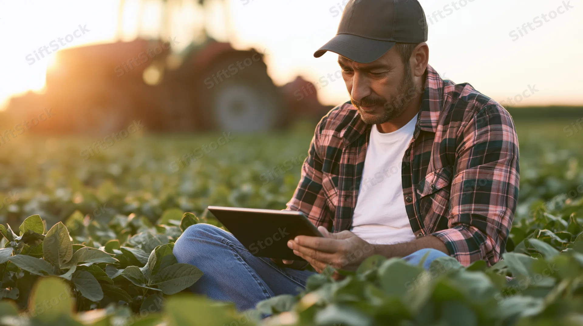 Farmer using tablet in soybean field at sunset