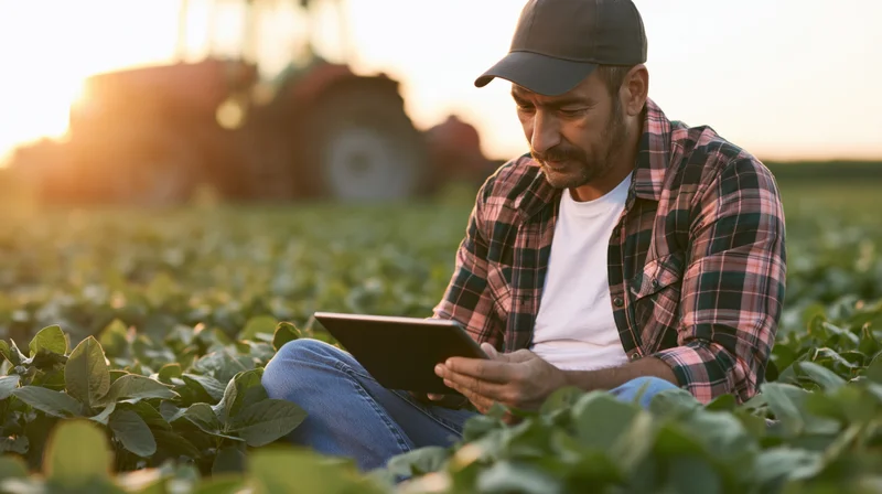 Farmer using tablet in soybean field at sunset