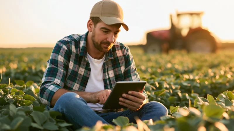 Farmer using tablet in soybean field with tractor in background during sunset