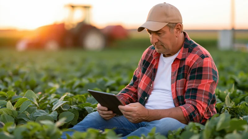Farmer using tablet in soybean field at sunset