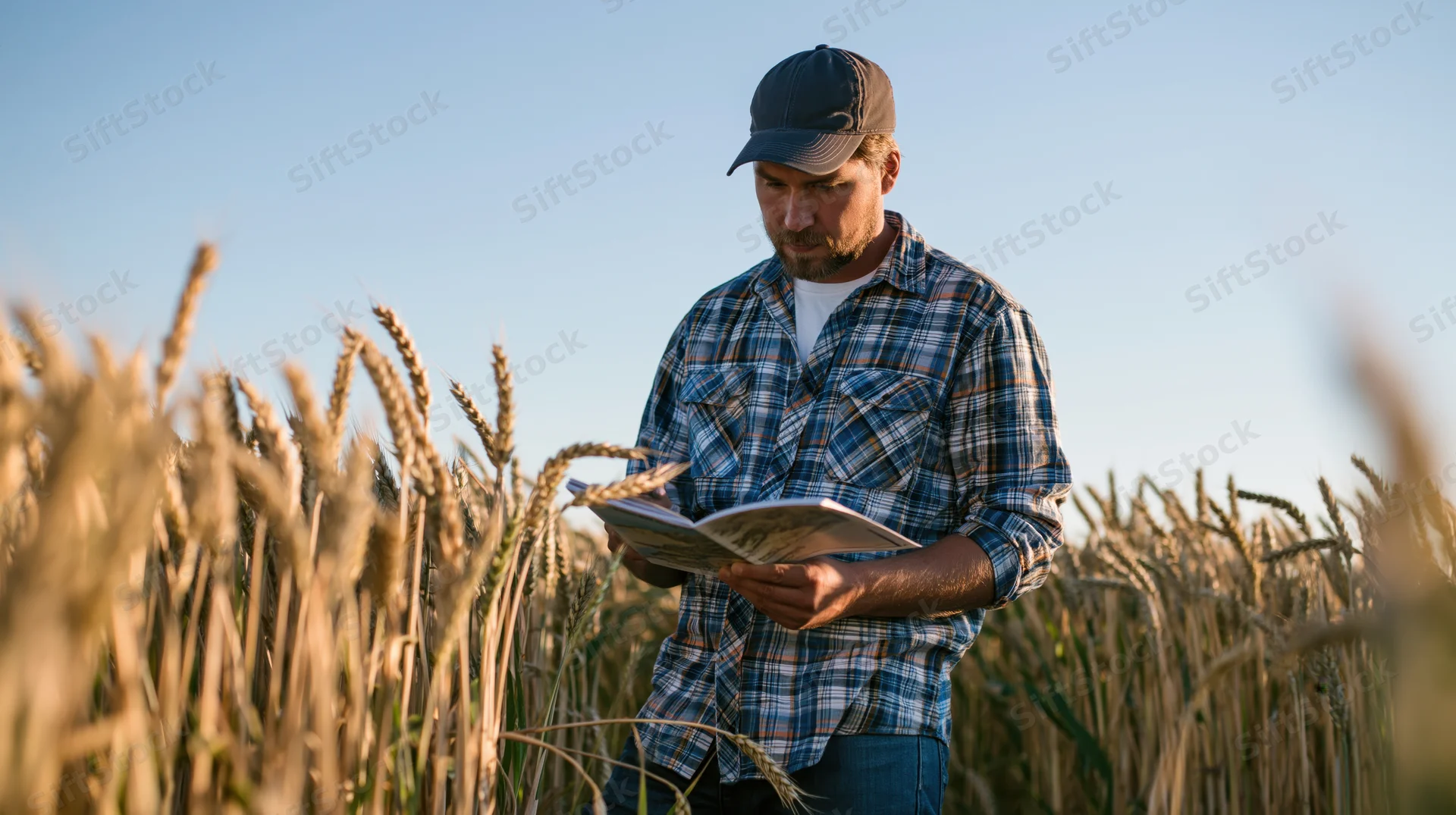 Man in plaid shirt and cap reading notebook in wheat field during daytime