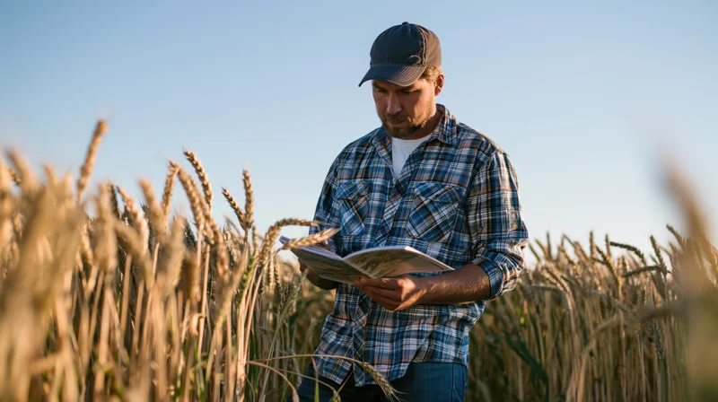 Man in plaid shirt and cap reading notebook in wheat field during daytime