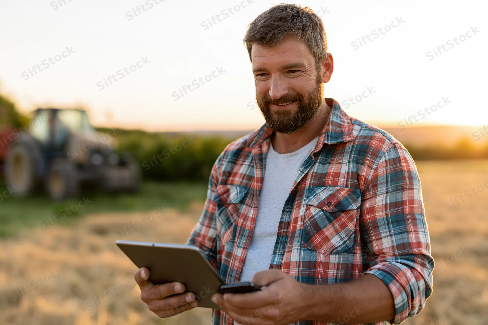 Farmer holding tablet in field with tractor in background during sunset